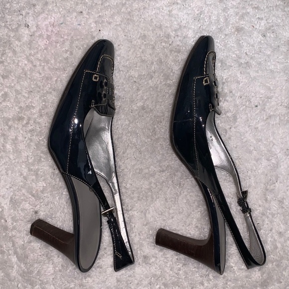 Talbots Blue Patent Laced Slingback Wood Heel - Picture 3 of 6